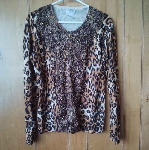 Just B leopard print women's top/ cardigan sweater/ long sleeve Sz M - Picture 2 of 10